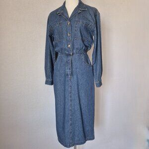Vintage'90s Lands' End Blue Denim Western Cowgirl Midi Shirt Dress Long Sleeve